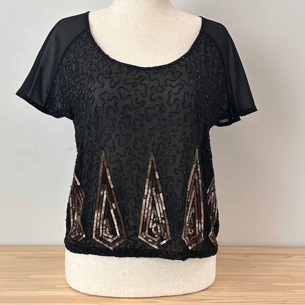 Hazel Black Beaded Elegant Top with Gold Geometric Design